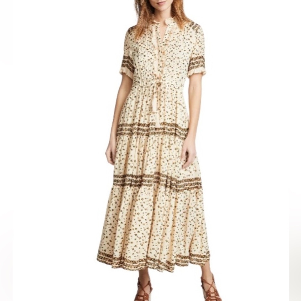 Free People Cream Maxi Dress with Olive Border Print